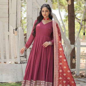 Maroon Stunning Faux Georgette Gown with Rich Sequins Embroidery