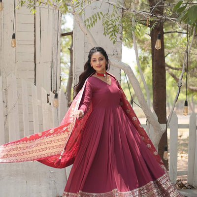 Maroon Stunning Faux Georgette Gown with Rich Sequins Embroidery