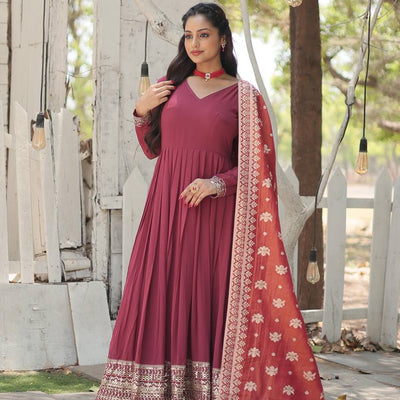 Maroon Stunning Faux Georgette Gown with Rich Sequins Embroidery