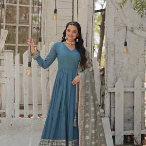 Teal Blue Stunning Faux Georgette Gown with Rich Sequins Embroidery