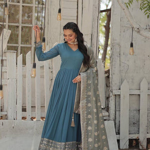 Teal Blue Stunning Faux Georgette Gown with Rich Sequins Embroidery