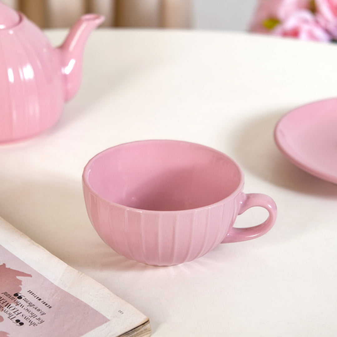 Ambrosia Ceramic Tea Kettle Cup And Saucer Set For 1 Pink