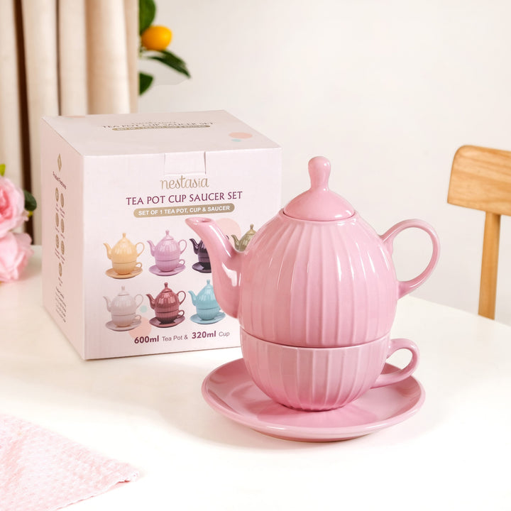 Ambrosia Ceramic Tea Kettle Cup And Saucer Set For 1 Pink