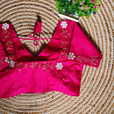 Pink Festival Wear Blouse in Assami Silk with Handcrafted Golden and Pearl Work