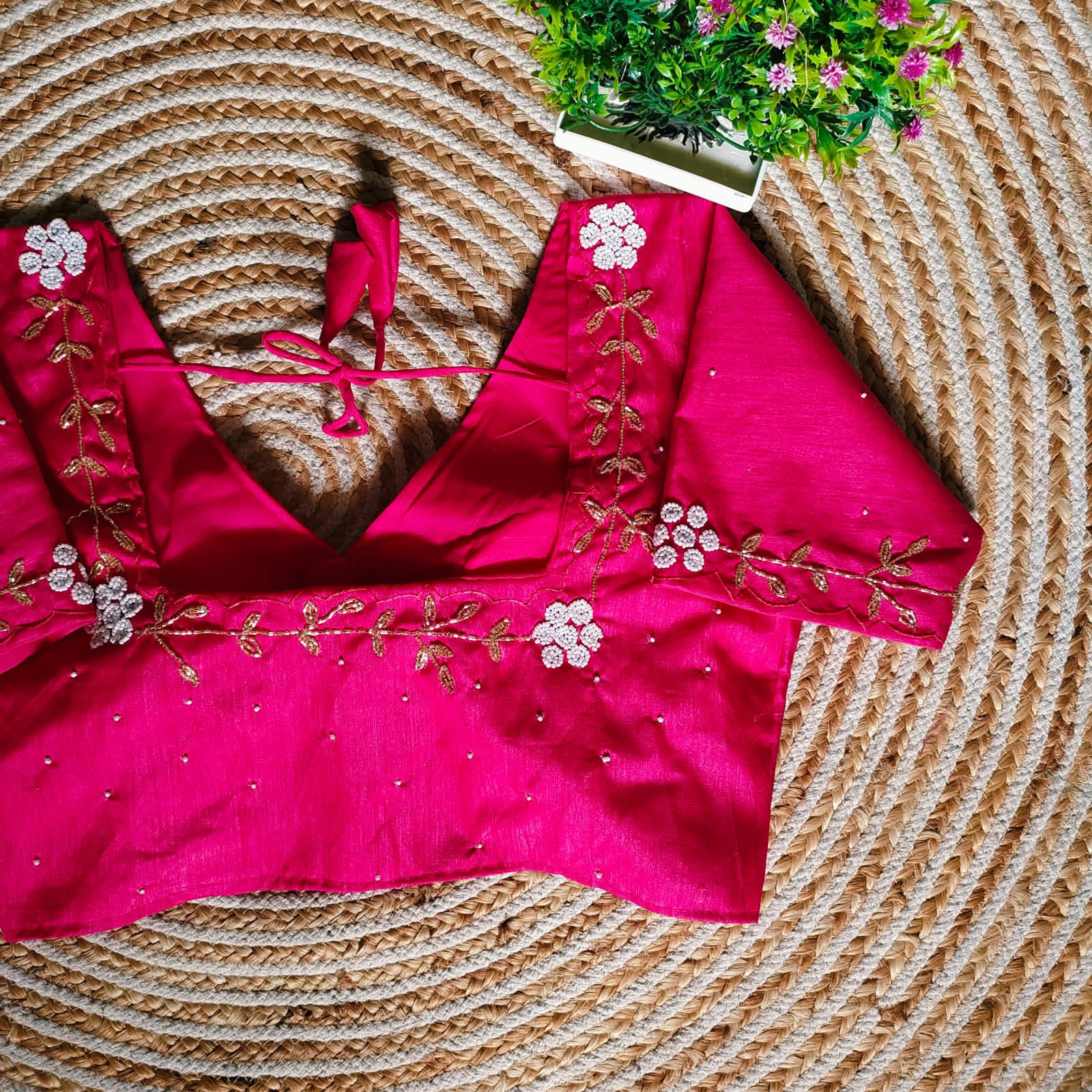 Pink Festival Wear Blouse in Assami Silk with Handcrafted Golden and Pearl Work