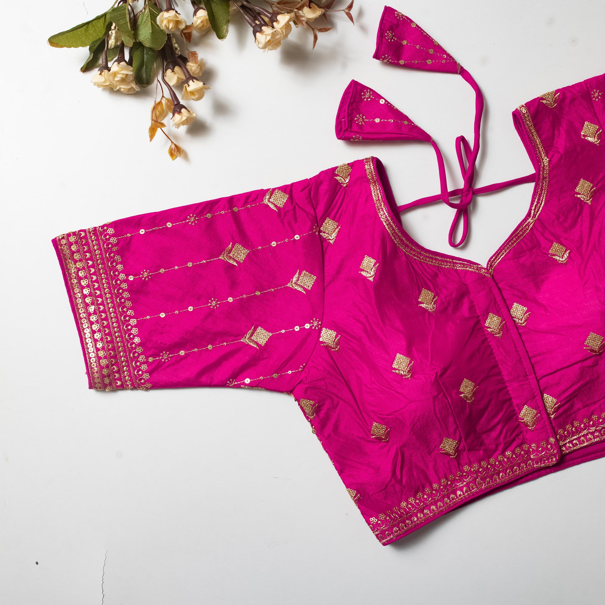 Pink Golden Embroidered Vibrant Silk Blouse with Sequins