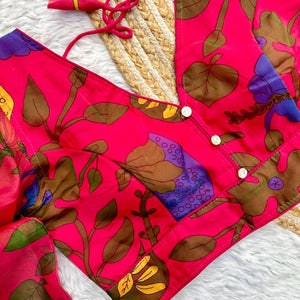 Pink Kalamkari Print Rajbhog Organza Blouse with Elegant Buttons