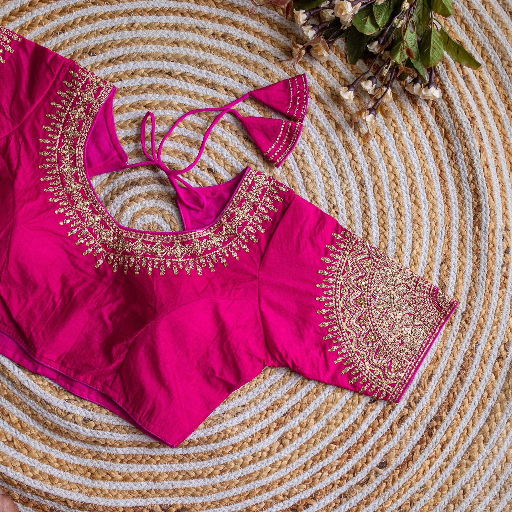 Pink Luxurious Lucknowi Silk Blouse with Golden Embroidery and Sequins