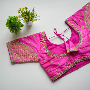 Pink Mulmul Silk Blouse with Golden Embroidery and Sequins