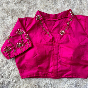 Pink Pista Silk Blouse with Handwork and Designer Handcrafted Collar