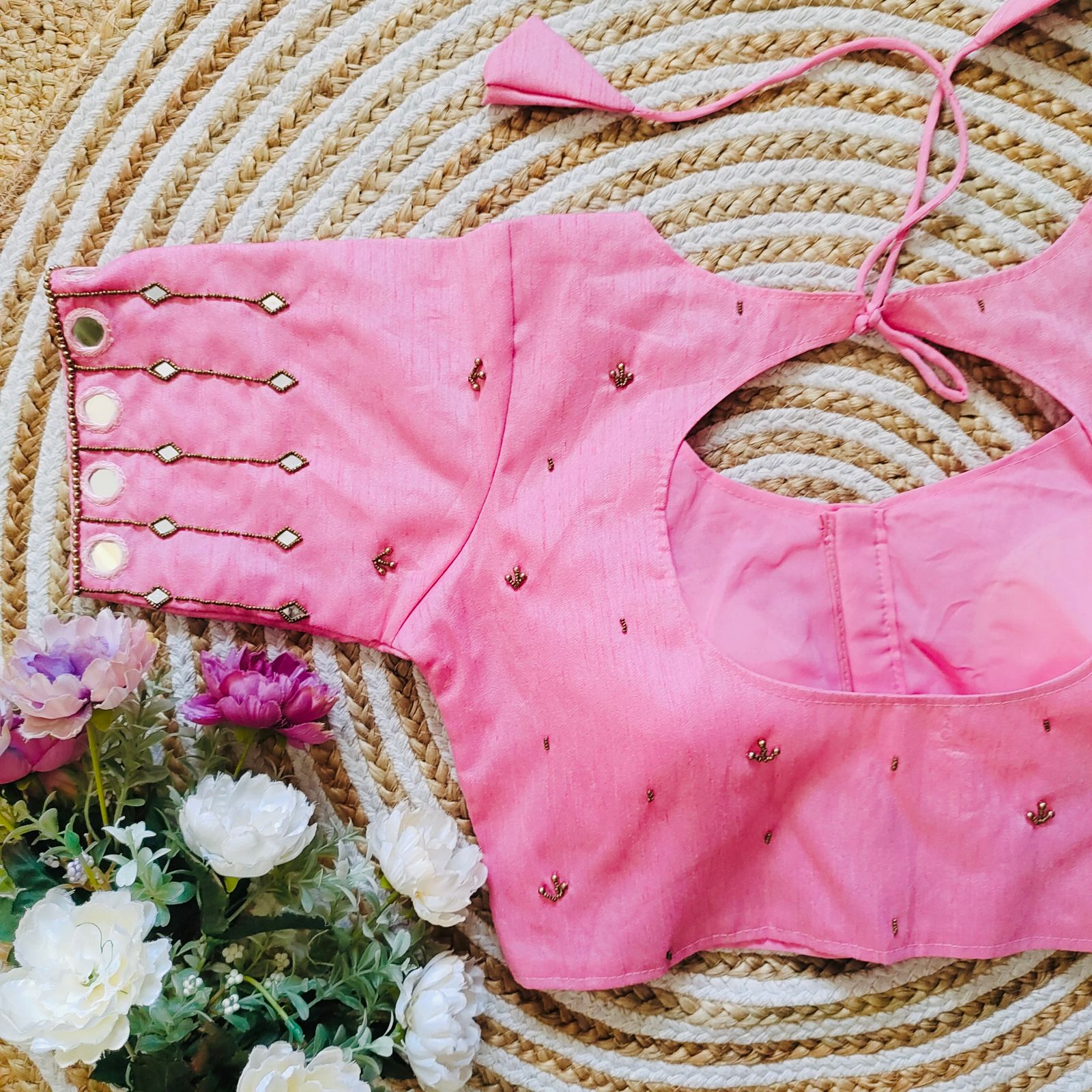Pink Russian Silk Blouse with Mirror and Pearl Embellishments