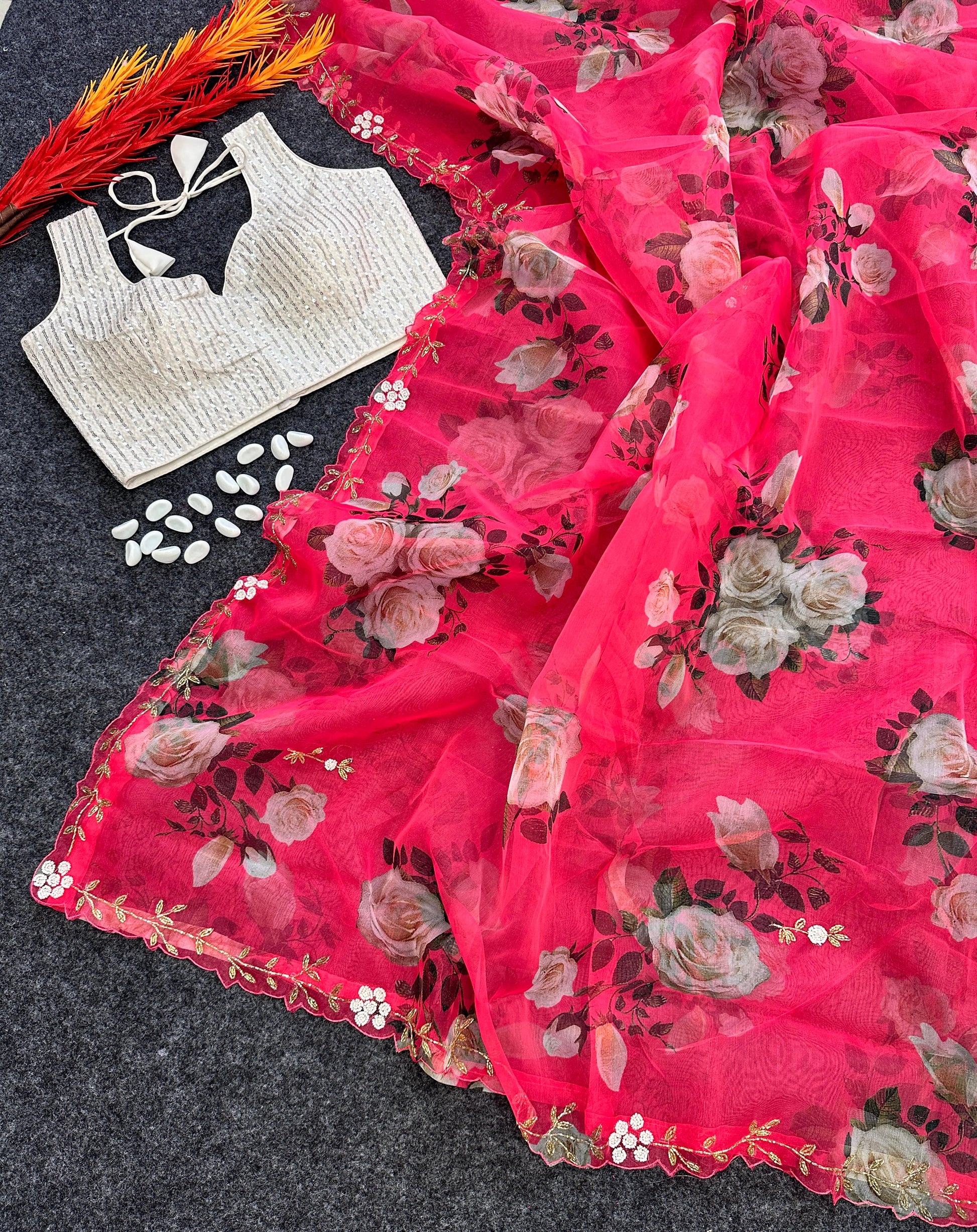 Pink Semi pure organza saree with beautiful print cover with heavy handwork and stitch sequence blouse