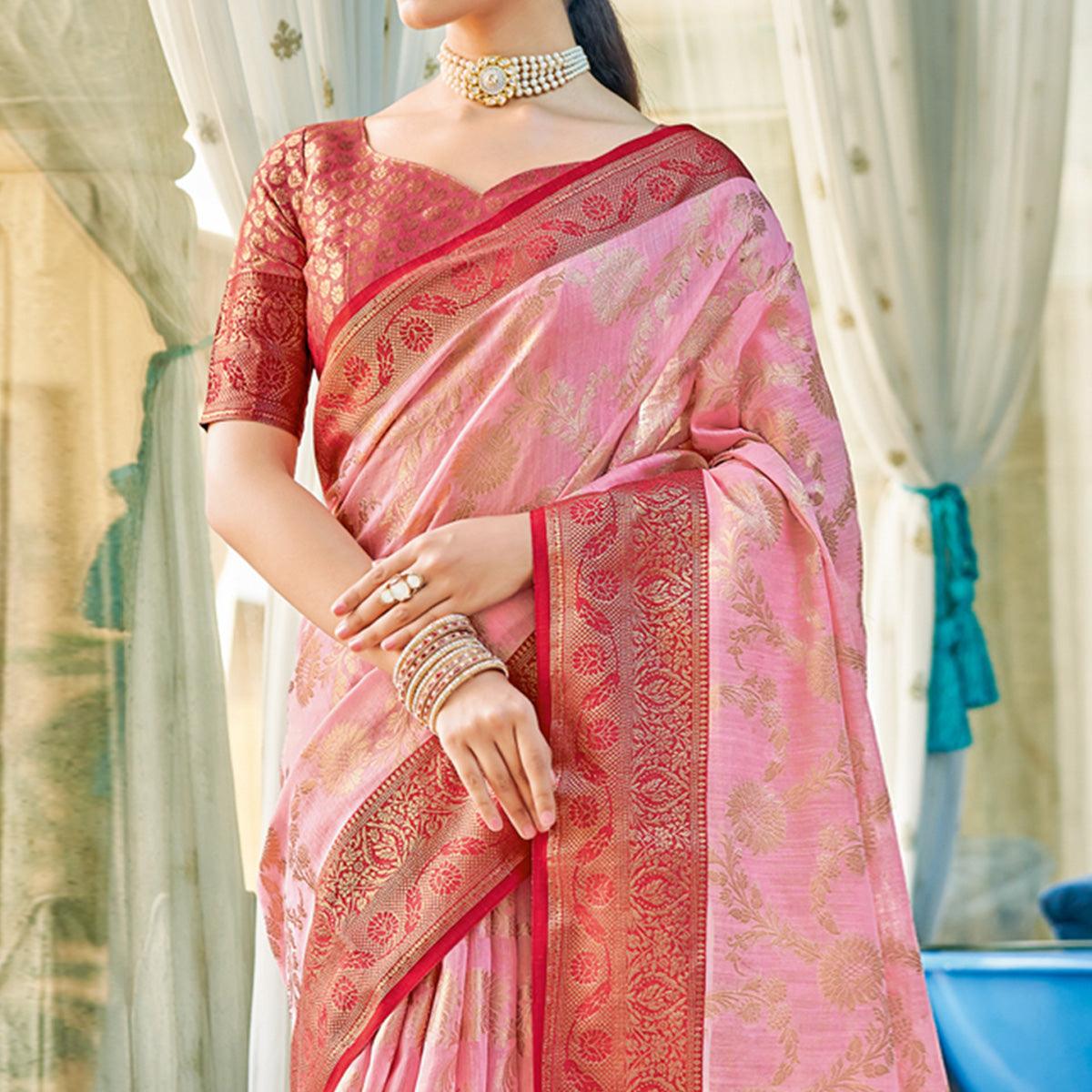 Light Pink Floral Woven Cotton Blend Saree With Tassels