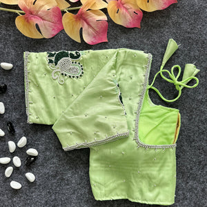 Pista Green Party Wear Blouse in Lemon Silk with Elegant Handwork and Knot Design