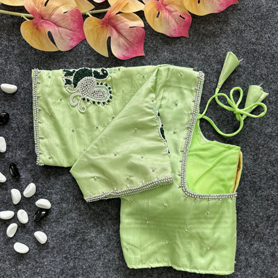 Pista Green Party Wear Blouse in Lemon Silk with Elegant Handwork and Knot Design