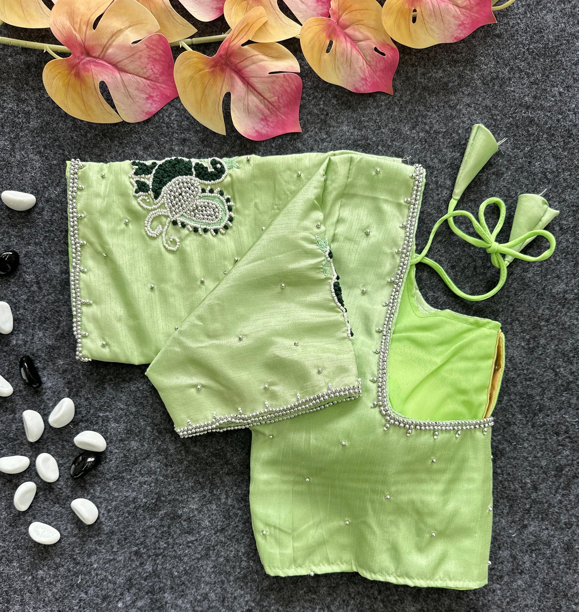 Pista Green Party Wear Blouse in Lemon Silk with Elegant Handwork and Knot  Design