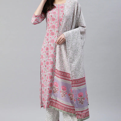 Grey Polyester Ethnic Motifs Straight Suit Set PKSKD1020