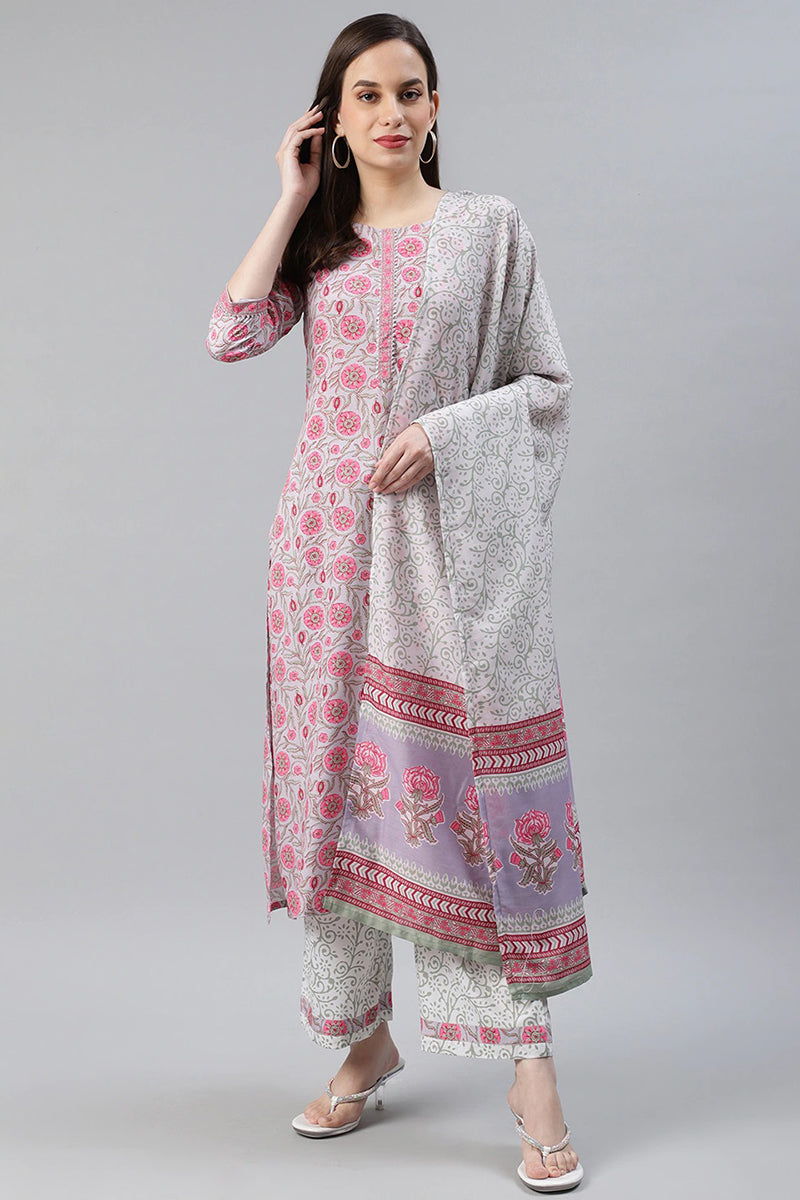 Grey Polyester Ethnic Motifs Straight Suit Set PKSKD1020