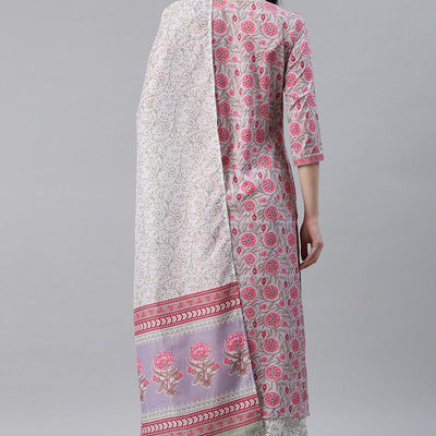Grey Polyester Ethnic Motifs Straight Suit Set PKSKD1020