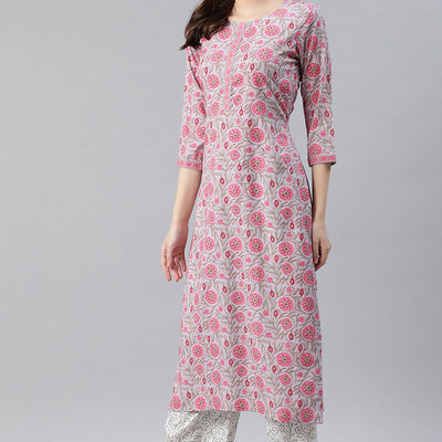Grey Polyester Ethnic Motifs Straight Suit Set PKSKD1020