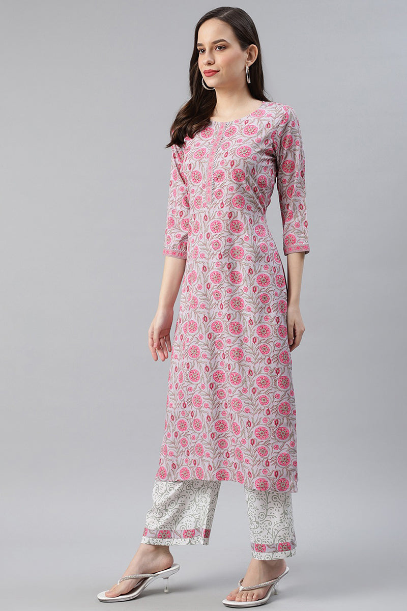 Grey Polyester Ethnic Motifs Straight Suit Set PKSKD1020