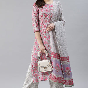 Grey Polyester Ethnic Motifs Straight Suit Set PKSKD1020