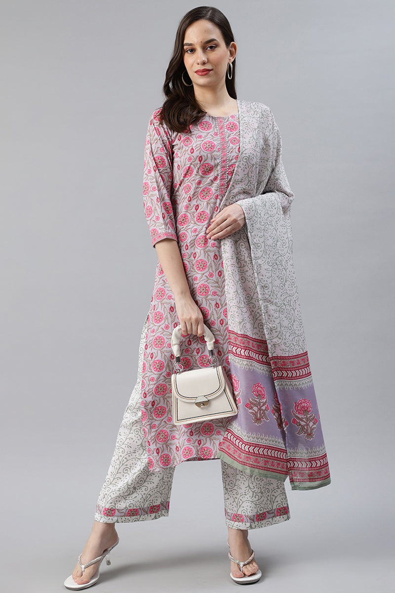Grey Polyester Ethnic Motifs Straight Suit Set PKSKD1020