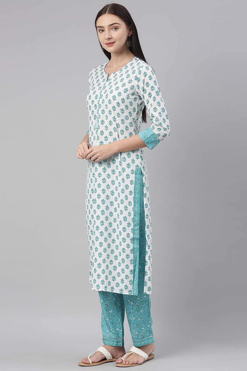 White Polyester Ethnic Motifs Straight Suit Set PKSKD1028