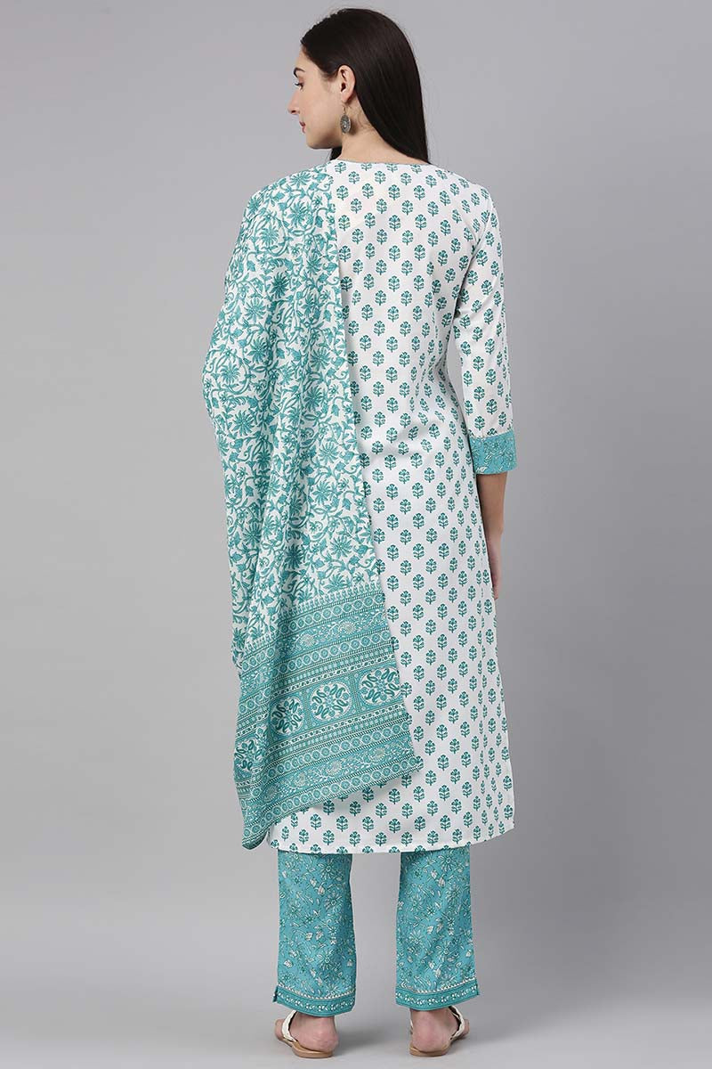 White Polyester Ethnic Motifs Straight Suit Set PKSKD1028