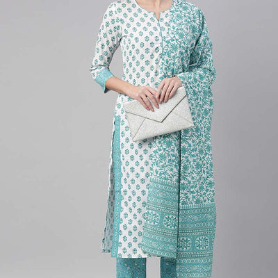 White Polyester Ethnic Motifs Straight Suit Set PKSKD1028