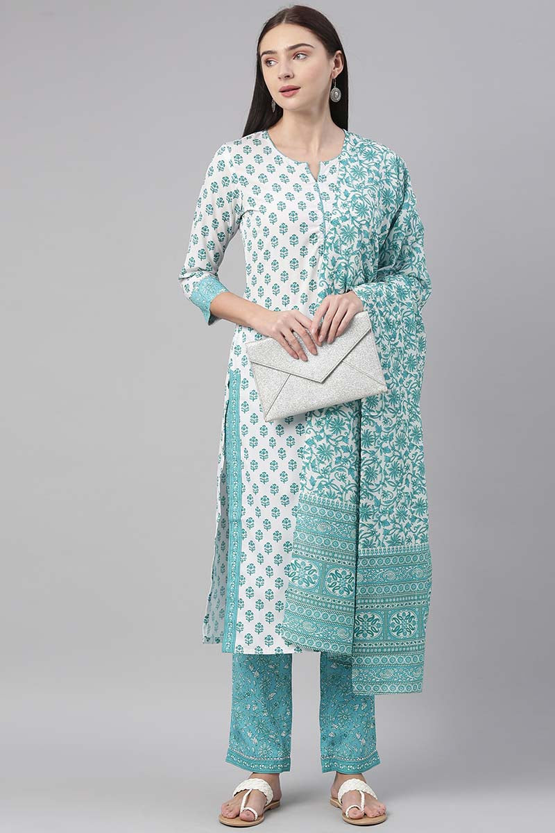 White Polyester Ethnic Motifs Straight Suit Set PKSKD1028