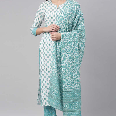 White Polyester Ethnic Motifs Straight Suit Set PKSKD1028