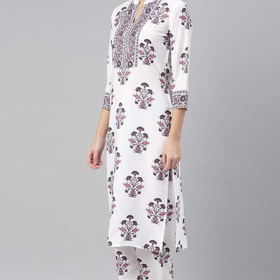 White Polyester Ethnic Motifs Straight Suit Set PKSKD1033
