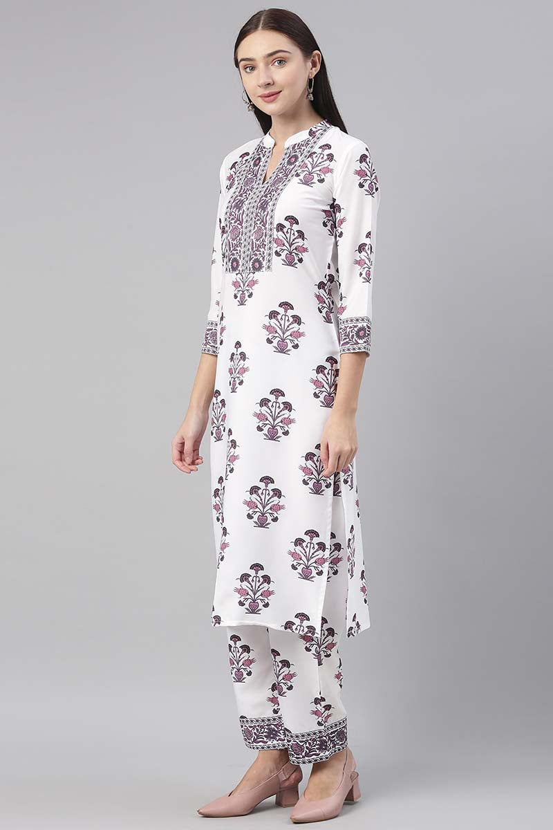 White Polyester Ethnic Motifs Straight Suit Set PKSKD1033