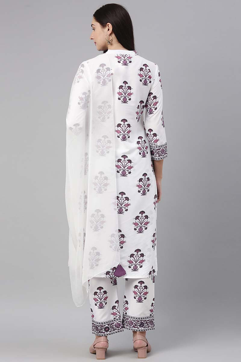 White Polyester Ethnic Motifs Straight Suit Set PKSKD1033