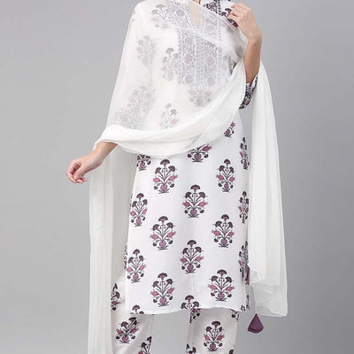White Polyester Ethnic Motifs Straight Suit Set PKSKD1033