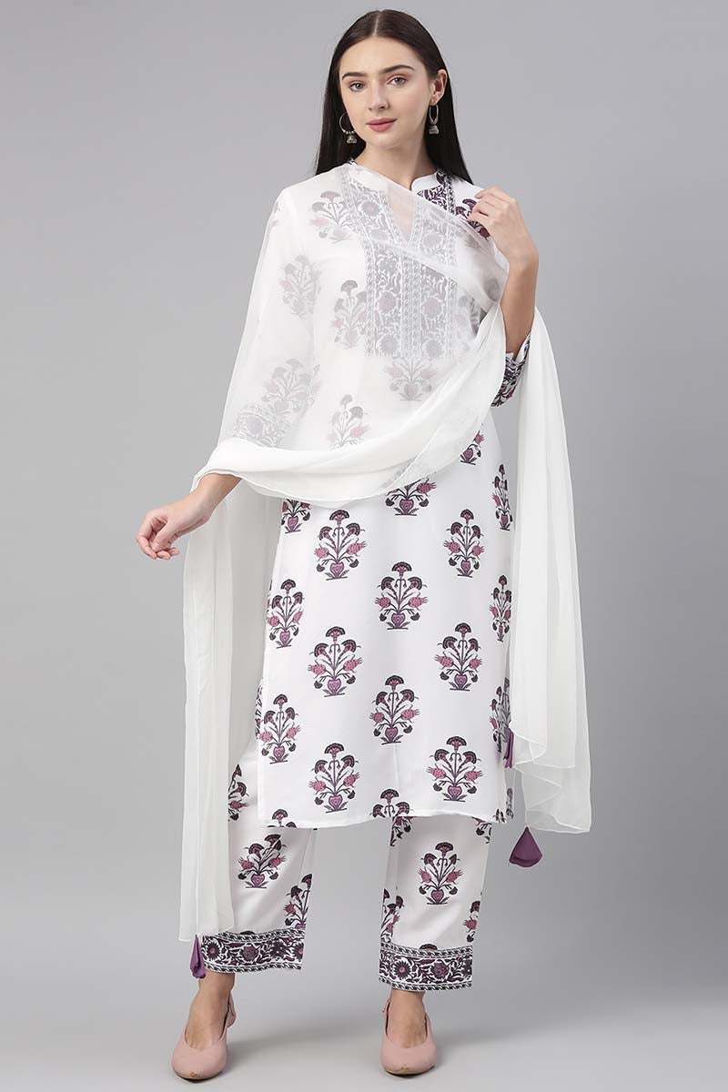 White Polyester Ethnic Motifs Straight Suit Set PKSKD1033