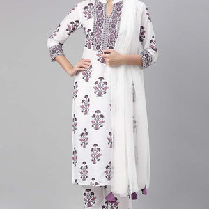 White Polyester Ethnic Motifs Straight Suit Set PKSKD1033