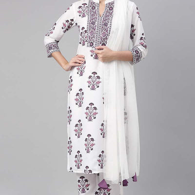 White Polyester Ethnic Motifs Straight Suit Set PKSKD1033