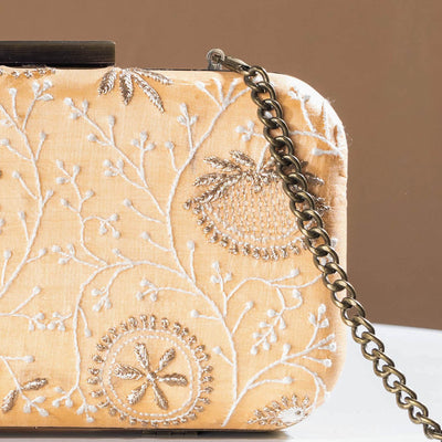 Beige - Chikankari Zari Hand Embroidered Tussar Silk Clutch/Sling Bag