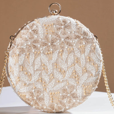 Beige - Chikankari Zari Hand Embroidered Tussar Silk Clutch/Sling Bag