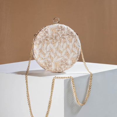 Beige - Chikankari Zari Hand Embroidered Tussar Silk Clutch/Sling Bag