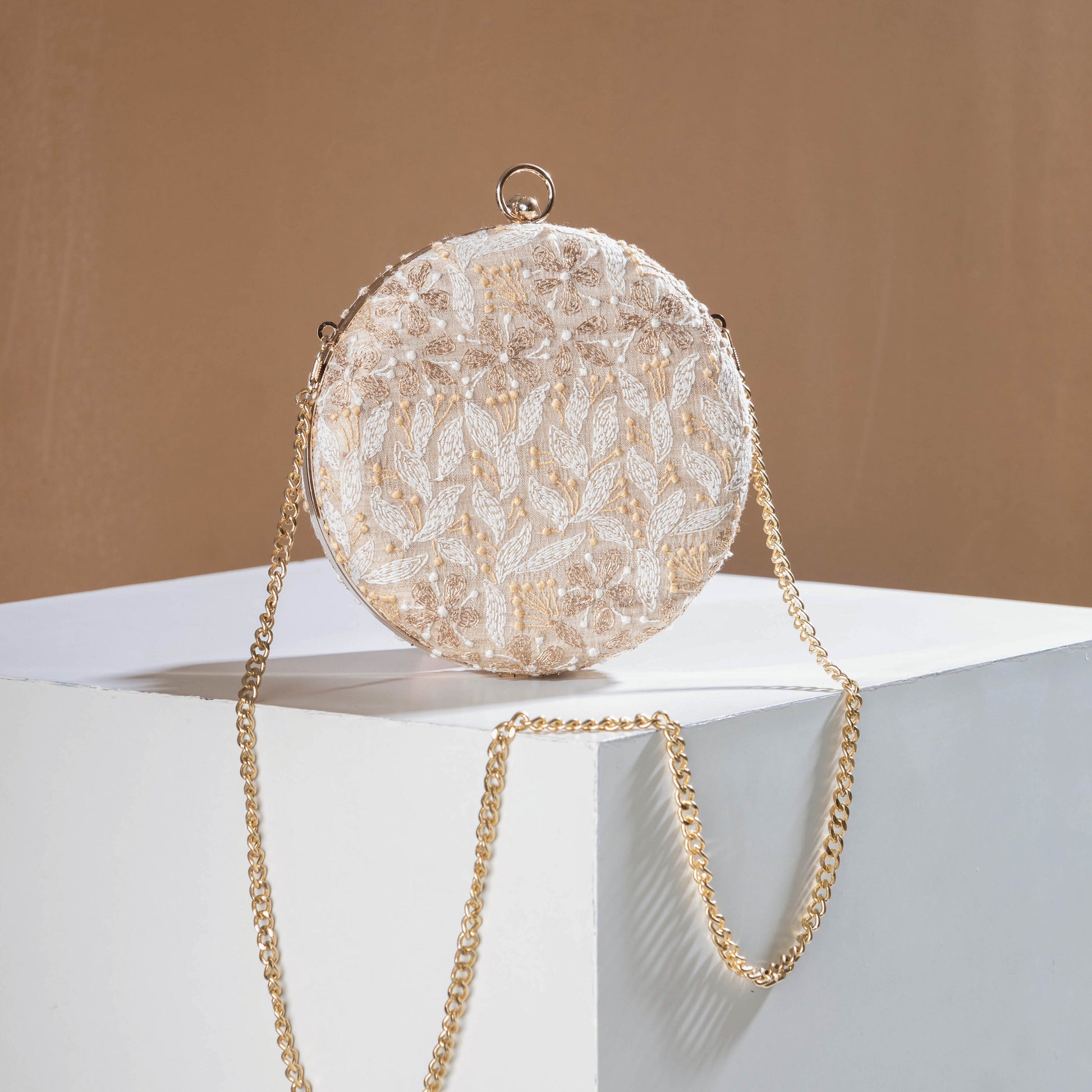 Beige - Chikankari Zari Hand Embroidered Tussar Silk Clutch/Sling Bag