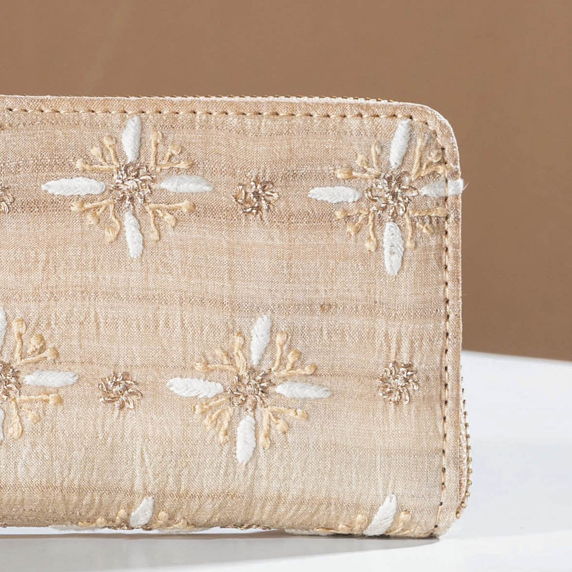 Beige - Chikankari Hand Embroidered Tussar Silk Wallet