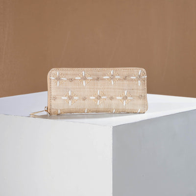 Beige - Chikankari Hand Embroidered Tussar Silk Wallet