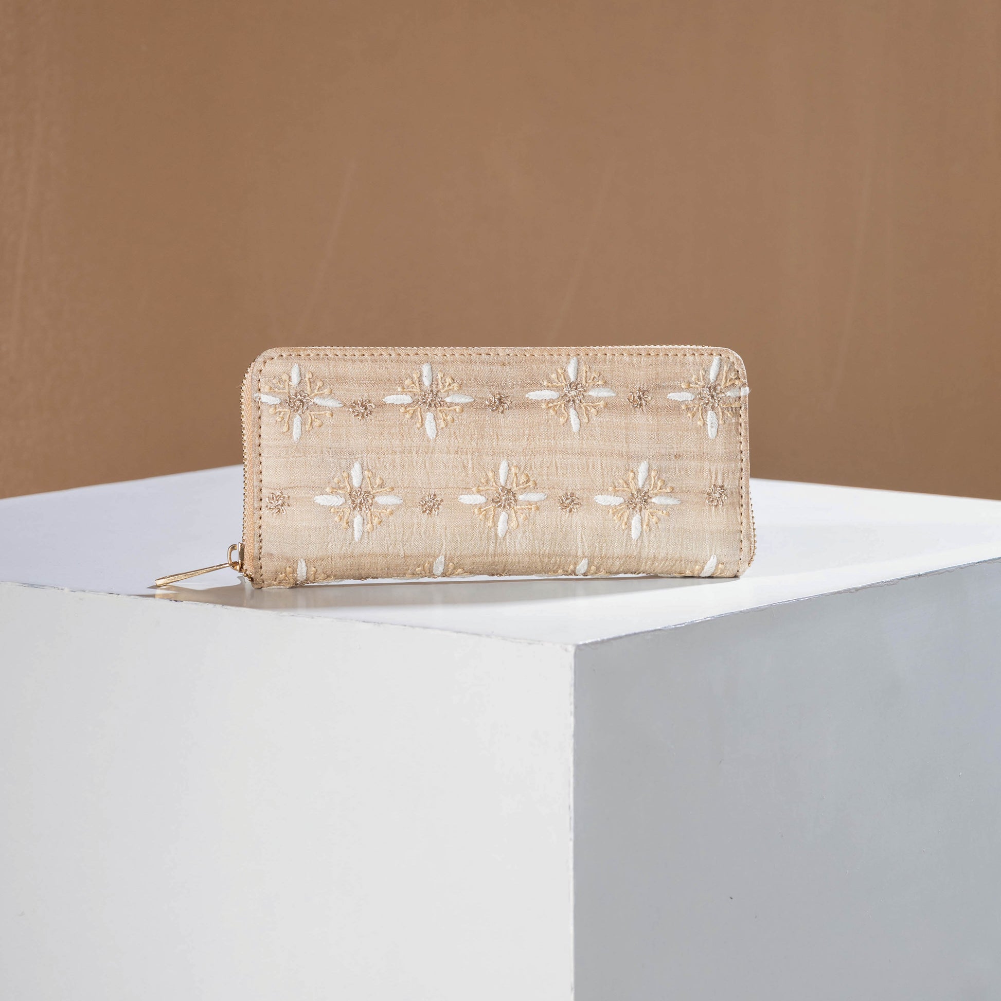 Beige - Chikankari Hand Embroidered Tussar Silk Wallet