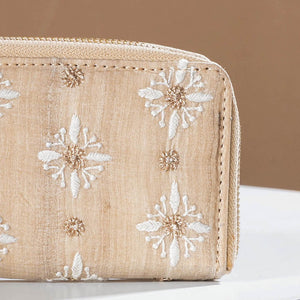 Beige - Chikankari Hand Embroidered Tussar Silk Wallet
