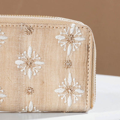 Beige - Chikankari Hand Embroidered Tussar Silk Wallet