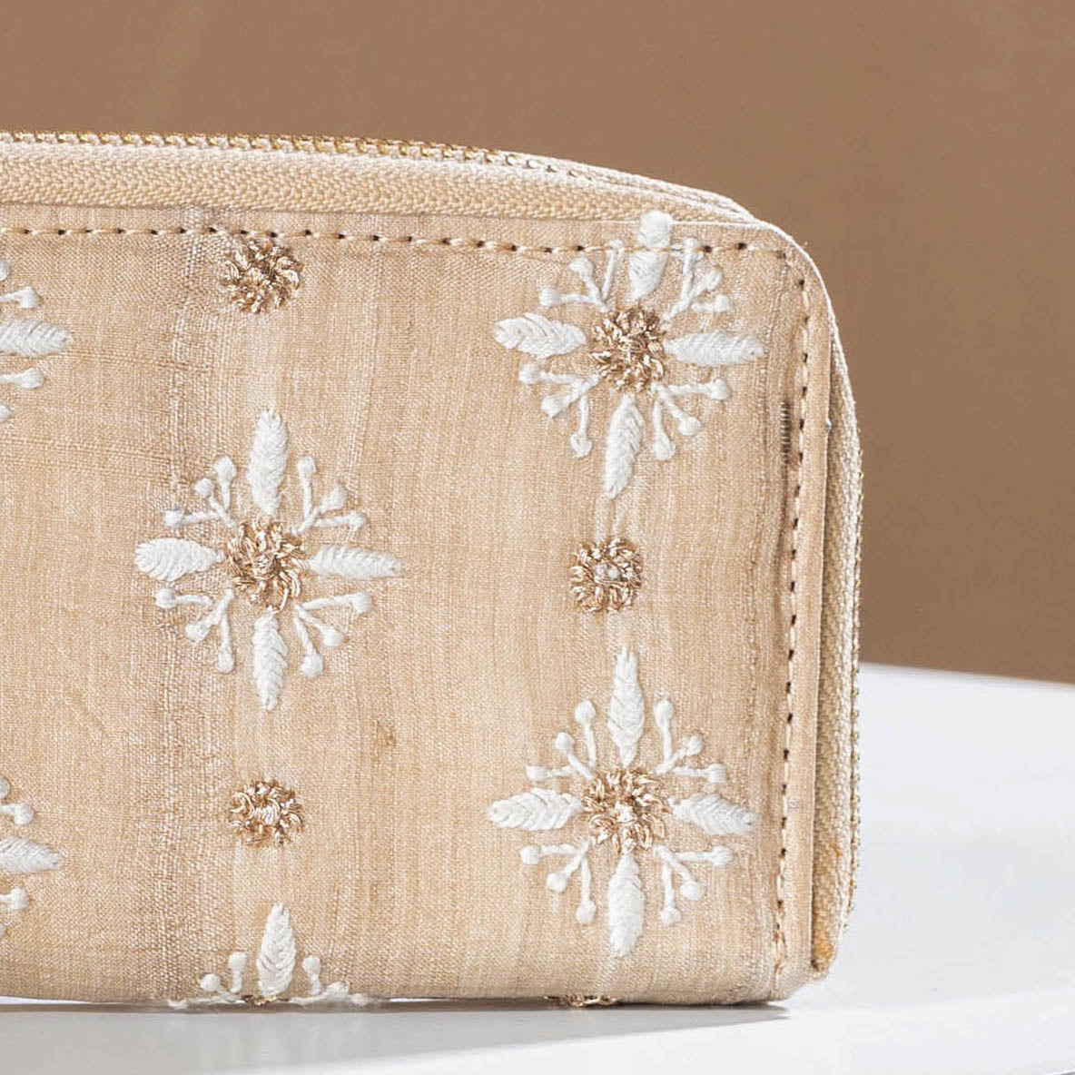 Beige - Chikankari Hand Embroidered Tussar Silk Wallet
