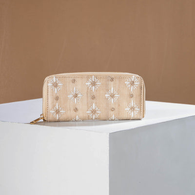Beige - Chikankari Hand Embroidered Tussar Silk Wallet